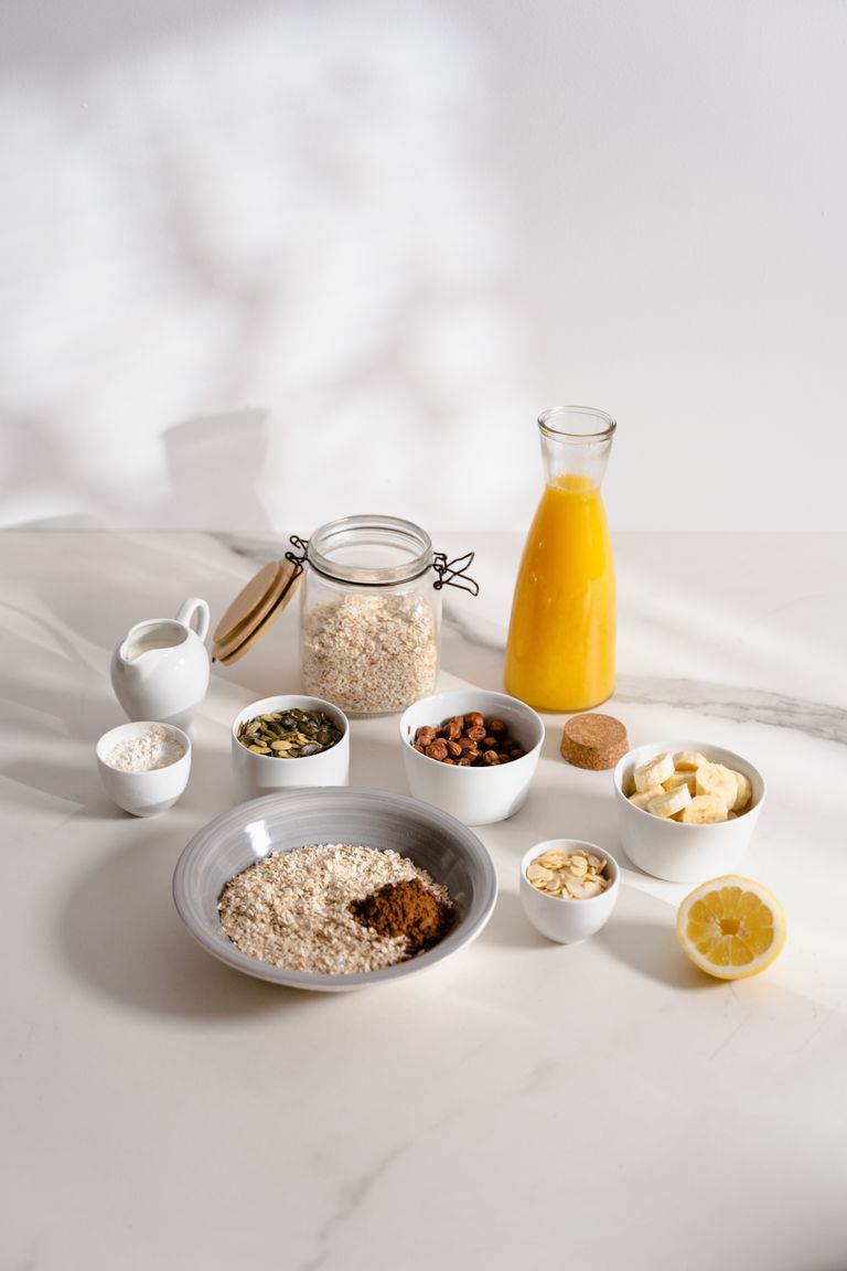 Oatmeal breakfast ingredients with nuts and pumpkin seeds