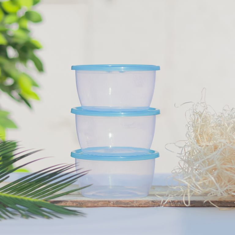 Three clear plastic containers with blue lids stacked against a bright, leafy background.
